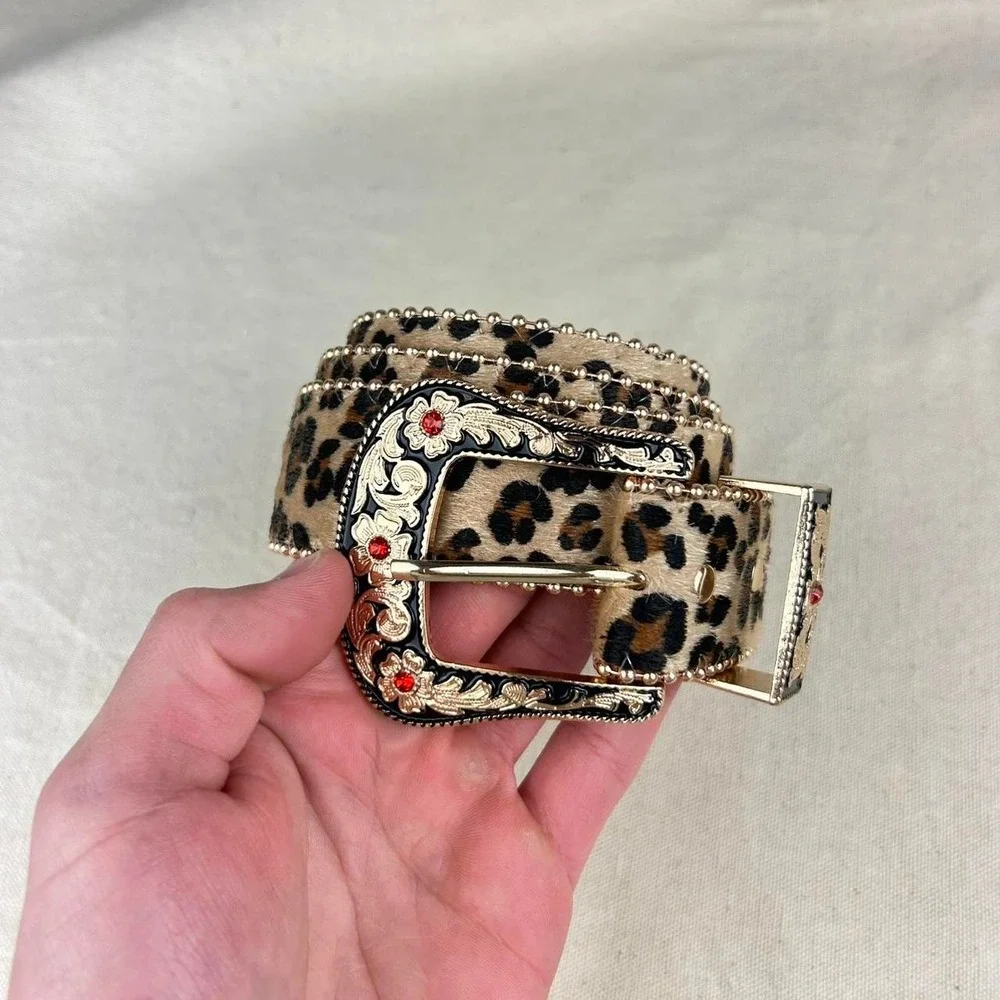 Vintage style cheetah leopard print fur belt western tan and brown bedazzled